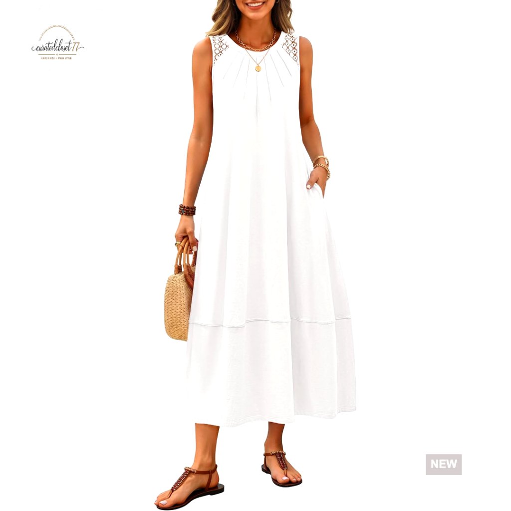 Sleeveless Maxi Dress Summer Boho Lace Hollow Out Beach Vacation Sundress